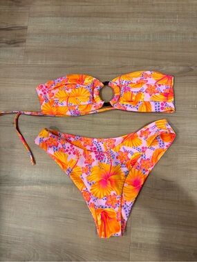 Floral Ring-Front Bandeau Bikini Set in Pink & Orange